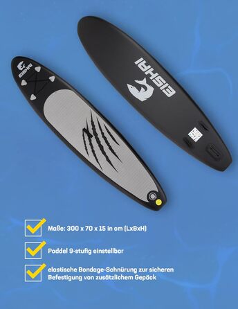 EISHAI Sharkbite надувна SUP-дошка, комплект 7-в-1: весло, страховочний шнур, насос, ремкомплект, для жінок і чоловіків, навантаження до 130 кг, синя, компактна