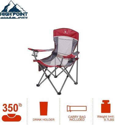 Крісло для кемпінгу High Point Sports: складне, для риболовлі, з сітчастою спинкою, 160 кг, з підлокітниками та тримачем для напоїв