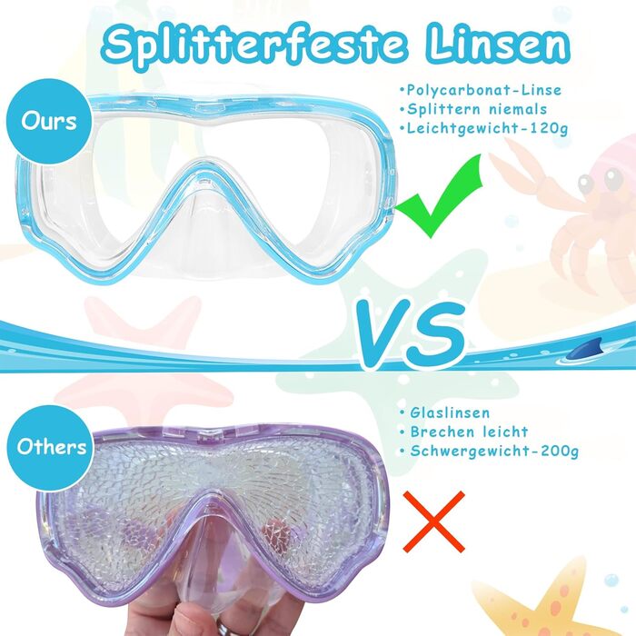 Дитячі маски для снорклінгу Vvinca: маска для плавання з тканинним ремінцем, 180° панорама, анти-тік, для дітей 3-13 років (блакитний)