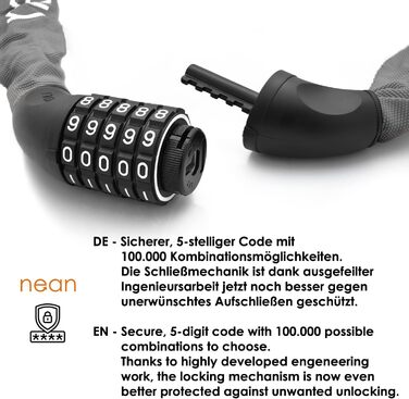 Велосипедне замкове обладнання Nean: надійний замок з кодом, сталевий ланцюг 6 мм x 900 мм (сірий)