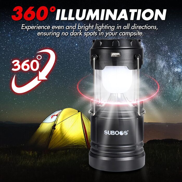 Набір з 2 LED кемпінгових ліхтарів SUBOOS: акумулятор, сонячна панель, живлення від батарейок AA, для кемпінгу, виживання, відключень електроенергії