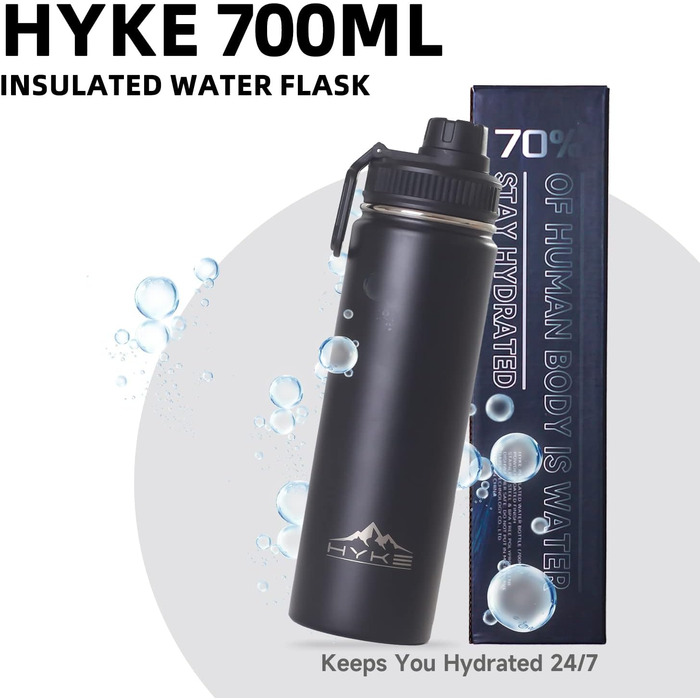 Термос-бутилка U2PICK 700 мл, вакуумна, не протікає, спортивна, BPA-free, для кави та подорожей, 3 змінні кришки, чорна