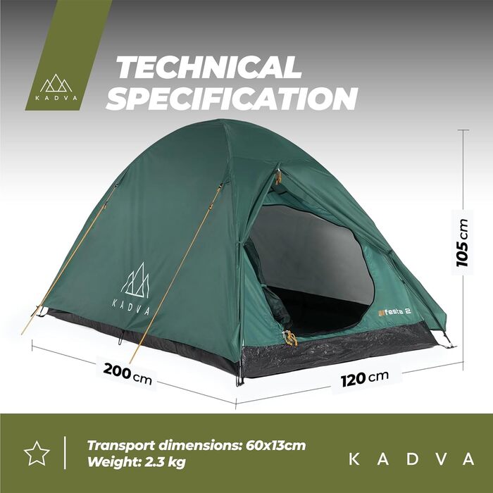 Намет KADVA для кемпінгу Festa 2, 200x120x105 см, на 2 особи, з москітною сіткою, водонепроникний, легкий, міцний, з каркасом з фібергласу, для кемпінгу та піших прогулянок, зелений