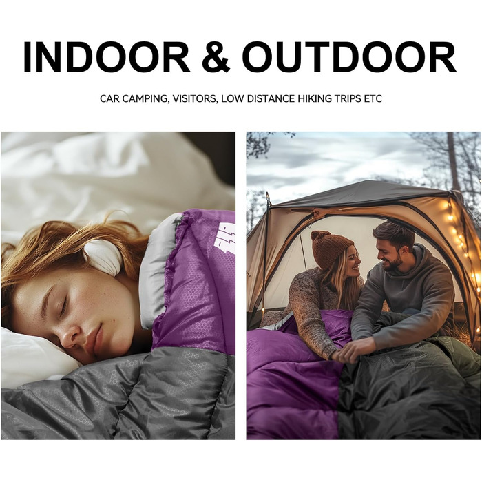 Спальний мішок для дорослих у холодну погоду, водонепроникний, легкий, для великих людей, з компресійним мішком, для кемпінгу, походів, відпочинку на природі та в приміщенні (1,8 кг, фіолетовий)