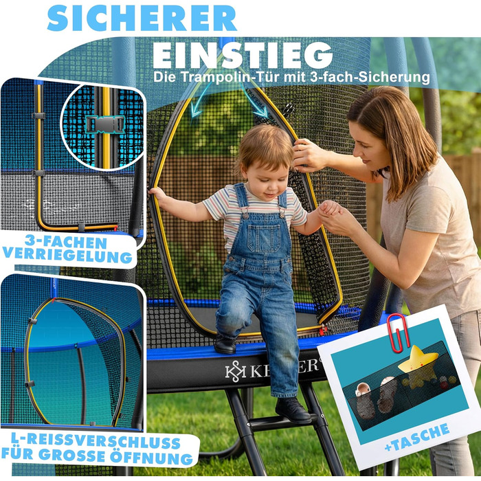 Трамплін KESSER® Outdoor для дітей та дорослих, діаметр 244/305/366/427 см, з сертифікатом GS, безпечне сітко, сходи, захисний борт, подушки на стійках (блакитний)