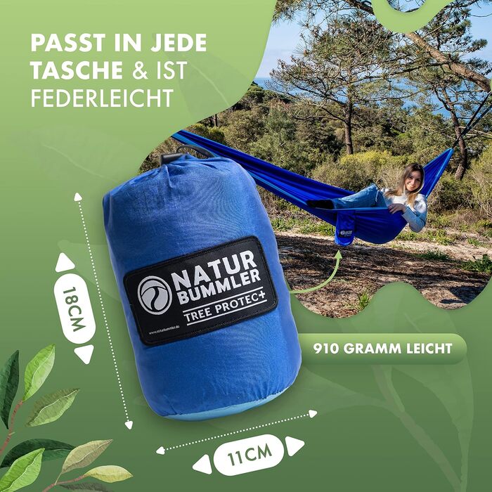 Гамак NATURBUMMLER® Outdoor з захистом дерев [Tree Protec+] – 300x170 см для 1-2 осіб – ультралегкий та стійкий до погодних умов – двошаровий гамак для кемпінгу, саду та відпочинку на природі (Натуральний зелений, Морська блакить)