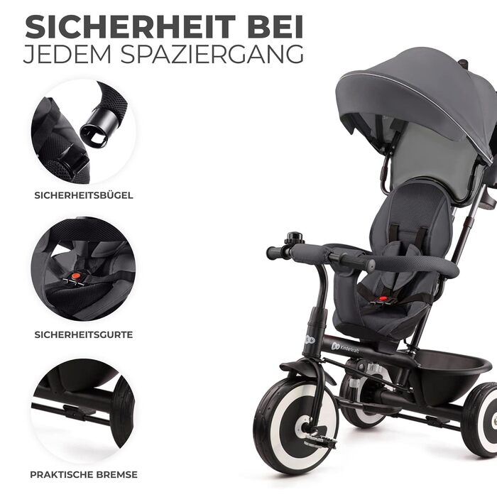Дитячий триколісний велосипед Kinderkraft ASTON з ручкою для батьків, поворотним сидінням, сонцезахисним козирком, підсклянником і кошиком, для дітей від 9 місяців до 25 кг, сірий