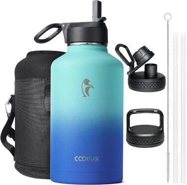 Ізольована пляшка для води Coolflask 2L з трубочкою та 3 кришками, з нержавіючої сталі, для спорту та офісу, подвійне вакуумне покриття, без витоку