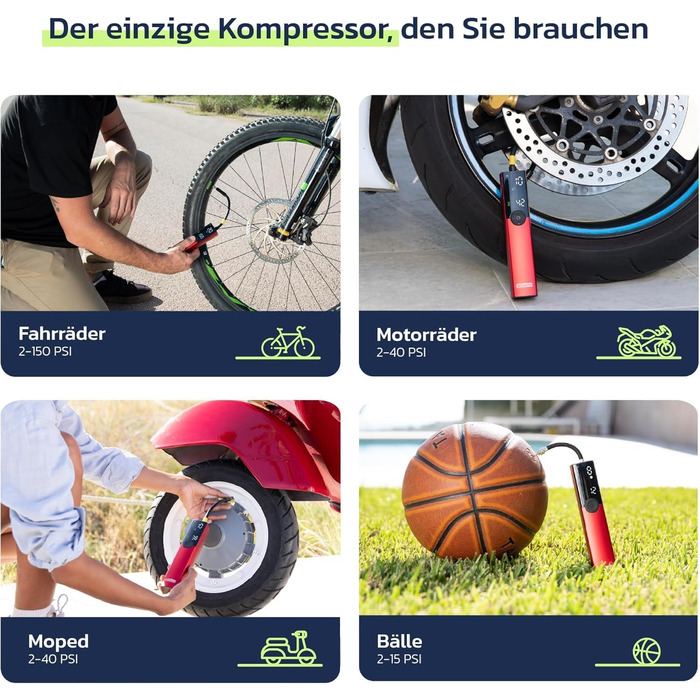 Електрична велосипедна помпа Woowind BP188 з акумулятором, 120-150 PSI, компресор для авто, мотоцикла та велосипеда, сумісна з усіма клапанами