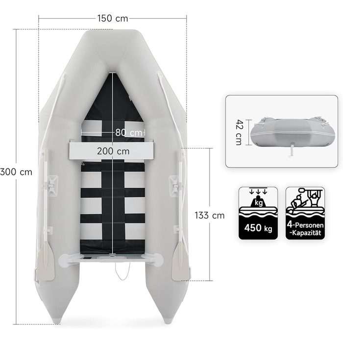 Надувне човен CO-Z для 2-4 осіб, сірий: 230x130x33см / 300x150x42см з веслами та насосом. Рибальський човен з алюмінієвим дном та сидінням.
