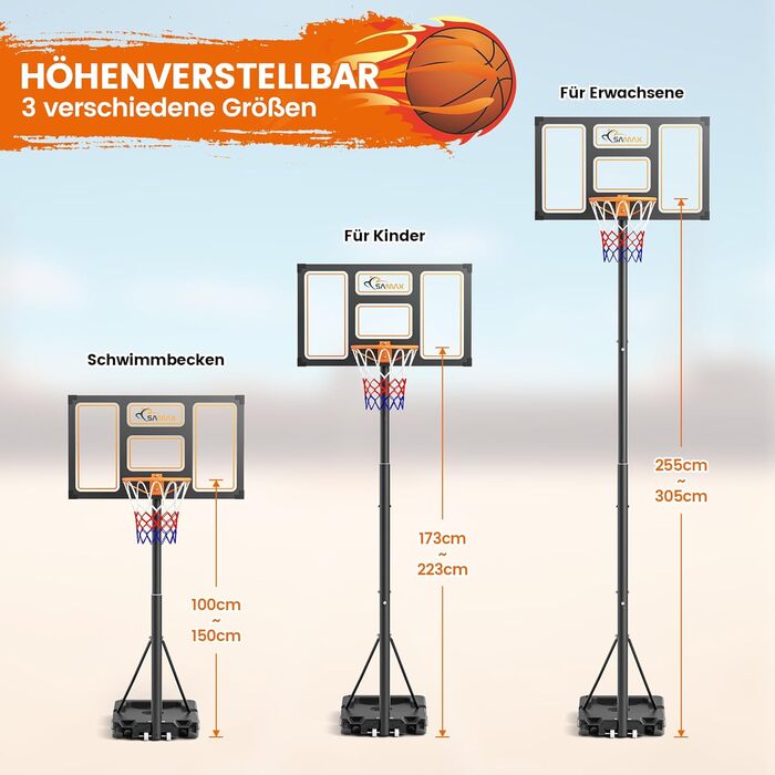 Баскетбольний кошик SAMAX на стійці, регульована висота 100-305 см, з колесами, сітка в комплекті. Підходить для гри в саду, на спортивному майданчику та полі, для дорослих та дітей.