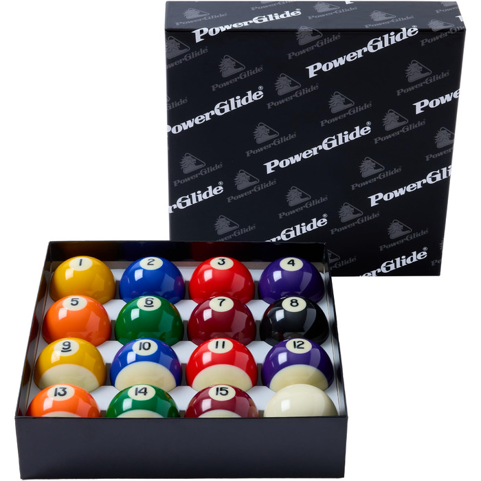 Набір для більярду PowerGlide 16 куль з крапками та смужками, для турнірів, повний розмір, діаметр куль 4.8-5.4 см, упаковка 50.8 мм та 47.6 мм