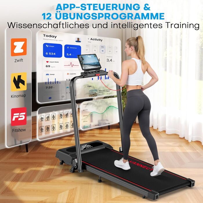 Vannect Walking Pad - складане бігове полотно для дому, 1-12 км/год, нахил 9%, LCD-дисплей, керування з пульта, додатком та ручкою, до 150 кг, чорно-синій