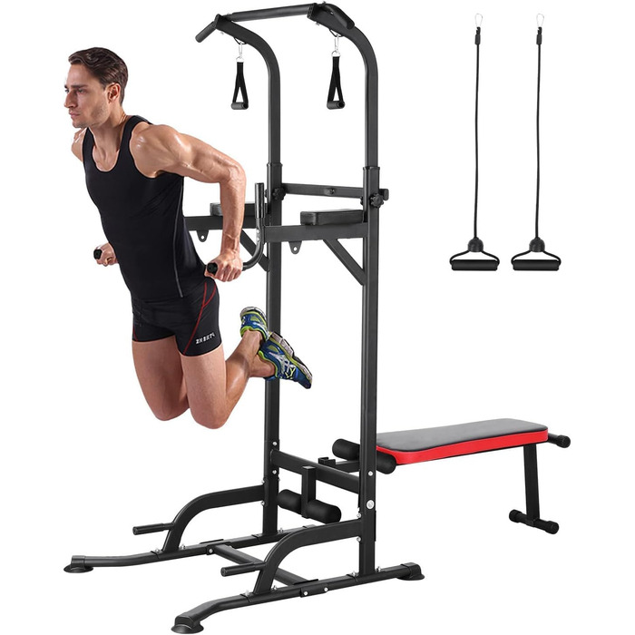 Станція для віджимань Power Tower з лавкою, турнік та еластичними стрічками. Максимальне навантаження 200 кг. Для домашнього фітнесу