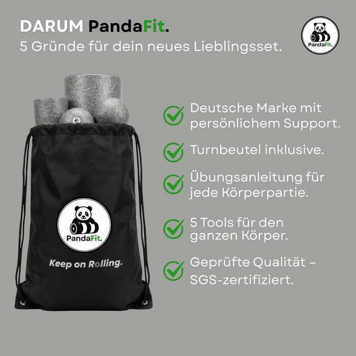 Набір масажних роликів та м'ячів PandaFit для м'язів та спини (5 предметів), EPP піна, з сумкою для перенесення