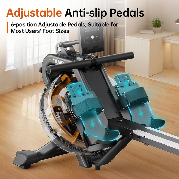 Гребний тренажер YAMO YR40 - жовтий, 16л, 6 рівнів опору, LCD, Bluetooth, Kinomap, 158кг