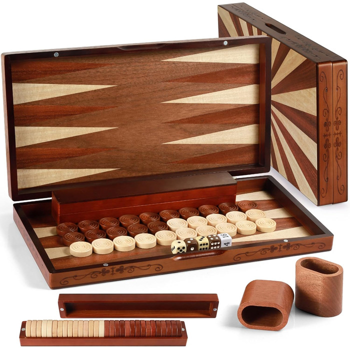 Набір для гри в шашки та нарди Syrace Holz з дерев'яним кейсом, класичний набір для стратегічних ігор, 40 см, для дорослих та дітей (Сонячне колесо)