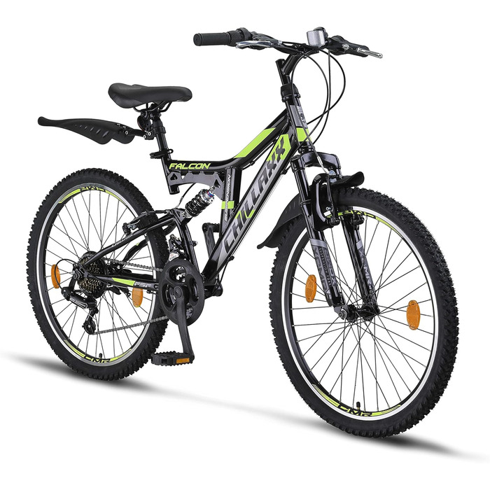 Гірський велосипед Chillaxx Bike Falcon, 24/26/27.5/29 дюймів, для хлопців, дівчат, жінок і чоловіків, дискові гальма, 21 швидкість, повна амортизація, чорний/лайм, V-гальма