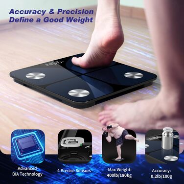 Ваги для тіла з аналізом складу тіла, Bluetooth, 180 кг, аналіз жиру, BMI, води та м'язів - блакитний колір