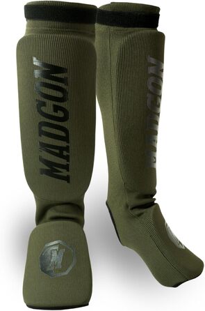 Захисні щитки MADGON для гомілки XL, тканинні, олива/чорний, для ММА, кікбоксингу, з ідеальною посадкою та вентиляцією, 1 пара з чохлом