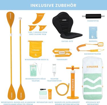 SUP-дошка HUIIKE з аксесуарами: весло, каяк-сидіння, стійка, зелена, для сапбордингу