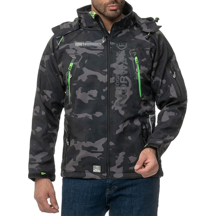 Чоловіча куртка Geographica Norway Softshell, функціональна, для активного відпочинку та походів, дихаюча, чорно-зелена камуфляжна (03)