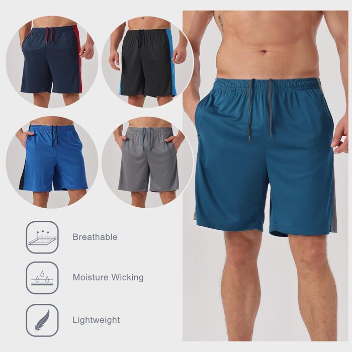 Шорти чоловічі ZENGVEE 3/5 шт. у наборі, з світловідбиваючими смугами, швидковисихаючі, дихаючі, легкі, для тренувань, спорту, воркауту (L, Bgn Blue Green)