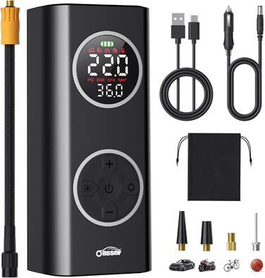 Електричний повітряний компресор Oasser 12В 150PSI, акумулятор 6000 мА·год, USB Type-C, LCD-дисплей, для авто, мотоциклів, велосипедів, м'ячів