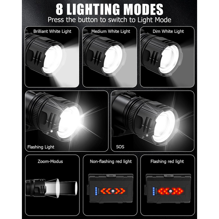 LED налобний ліхтар перезарядна, 100 000 люкс, 12 режимів, червоне світло, IPX7, для кемпінгу, риболовлі, активного відпочинку