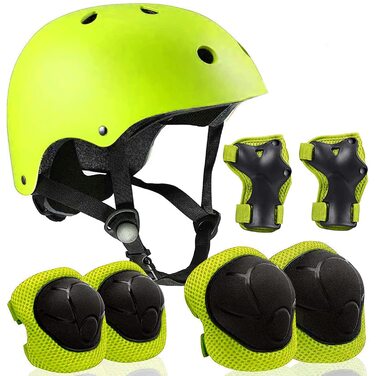 Набір захисту 7-в-1 для дітей 3-8 років: шолом, наколінники, налокітники, рукавички. Підходить для роликів, скейтбордингу, велосипеда. Зелений колір.