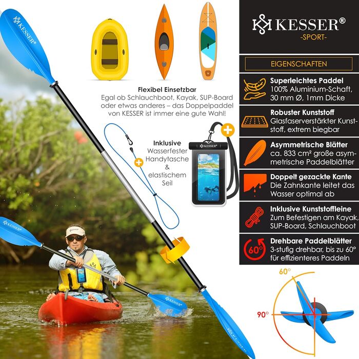Весло KESSER® Paddle з подвійним лезом - 4 частини для каяка, SUP, стінд-ап паділбордингу, 228 см, алюміній. Включає страхувальну мотузку, чохол для телефону, дошка для серфінгу.