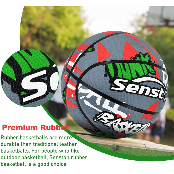 Баскетбольний м'яч Senston, розмір 7, з насосом, для вулиці, антиковзаюча поверхня, відмінне зчеплення (Сірий/Червоний)