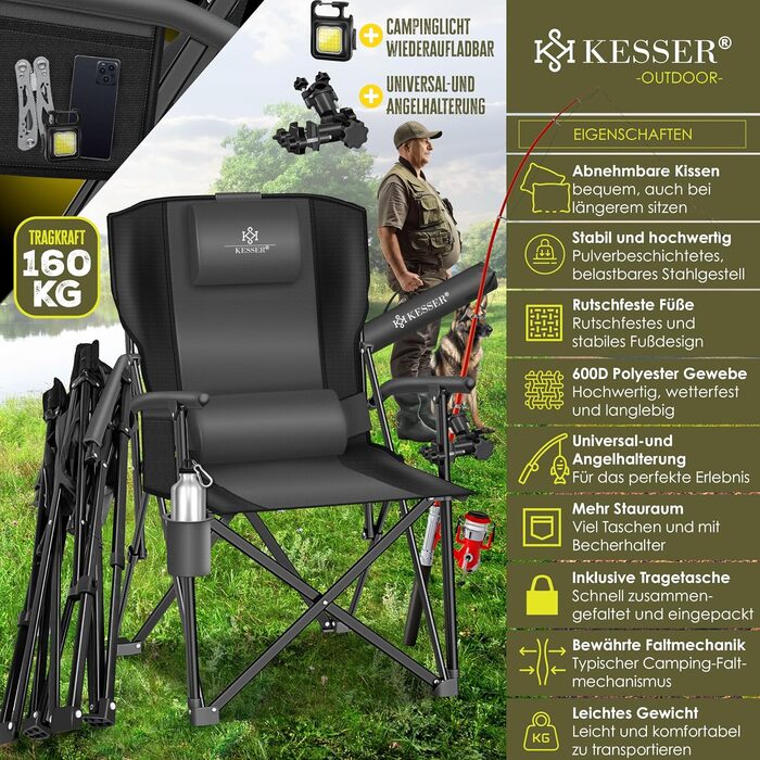 Крісло для кемпінгу KESSER® розкладне, до 160 кг | Рибальське крісло, з підлокітниками, кишенею для напоїв та світлом | Зручне крісло для пляжу та відпочинку на природі (Антрацит/Чорний)