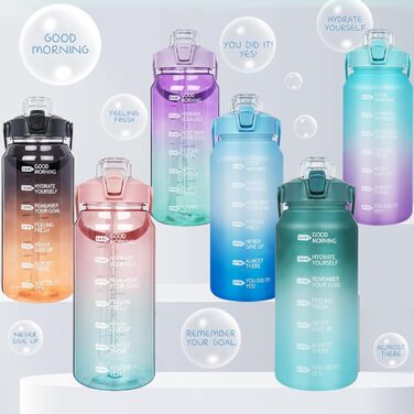 DEARRAY Спортивна пляшка для води 2 л Tritan з трубочкою, BPA-free, мотиваційна, з часовою міткою, для спорту, фітнесу, туризму, блакитна/темно-синя