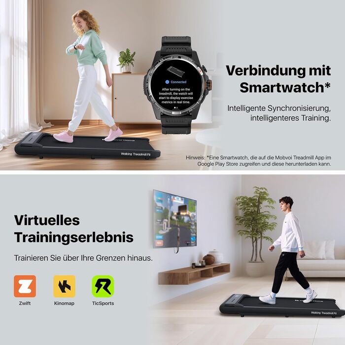 Walking Pad Mobvoi: Компактний біговий тренажер 2-в-1 для дому та офісу, з керуванням через додатки Zwift, Kinomap, TicSports. Максимальне навантаження 120 кг, швидкість до 6 км/год.