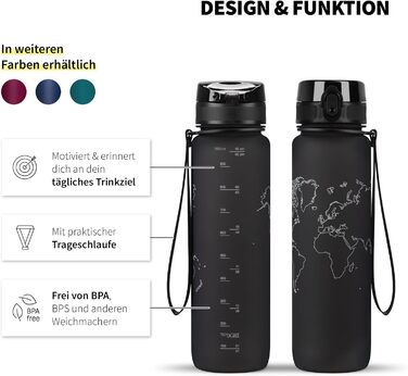 Пляшка для води 720°DGREE uberBottle 1л з ситечком, тритановий, герметичний, легкий, BPA-free, для спорту, фітнесу, велосипеда, університету, чорний Onyx Black, Softtouch