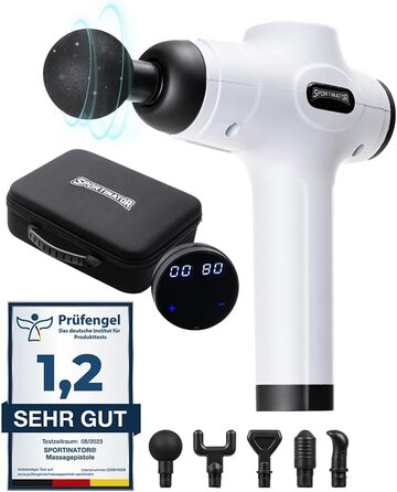 Електричний масажний пістолет SPORTINATOR Level Up з LCD-екраном, USB-C, насадками та кейсом, білий