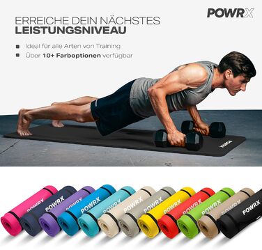 Килимок для йоги, гімнастики та пілатесу POWRX - чорний, 190 x 100 x 1.5 см, з чохлом та інструкцією