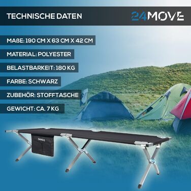 Розкладне ліжко 24MOVE® для кемпінгу та відпочинку на природі, 210x72x45 см, до 200 кг, чорне