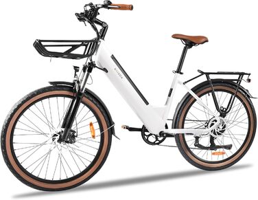 Електровелосипед KAISDA 26'' для жінок, 7-ступенева трансмісія, 36В 16Аг знімний акумулятор, 65 км, 50Нм мотор, біло-синій, для міста та відпочинку