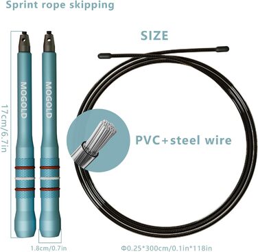 Скакалка Springseil для дорослих, фітнес, швидкість, алюмінієві ручки блакитні, 300 см, PVC-сталевий трос, 360° обертання, антиковзний, для CrossFit