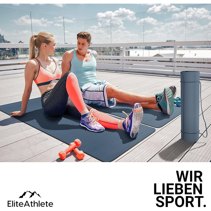Килимок для йоги EliteAthlete 183x61x0,6 см, не ковзає, з ременем і чохлом, для фітнесу, пілатесу, спортзалу, чорний-синьо-синій