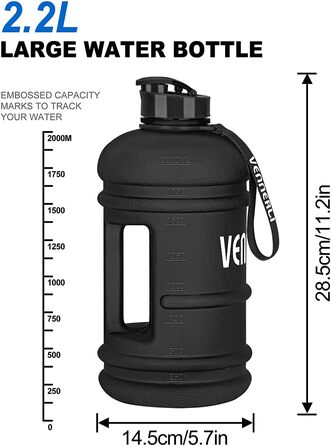 VENNERLI Спортивна пляшка для води 2,2 л, пластикова, зручна ручка, BPA Free, не протікає, для тренувань, фітнесу, спортзалу, офісу та дому, матова синя