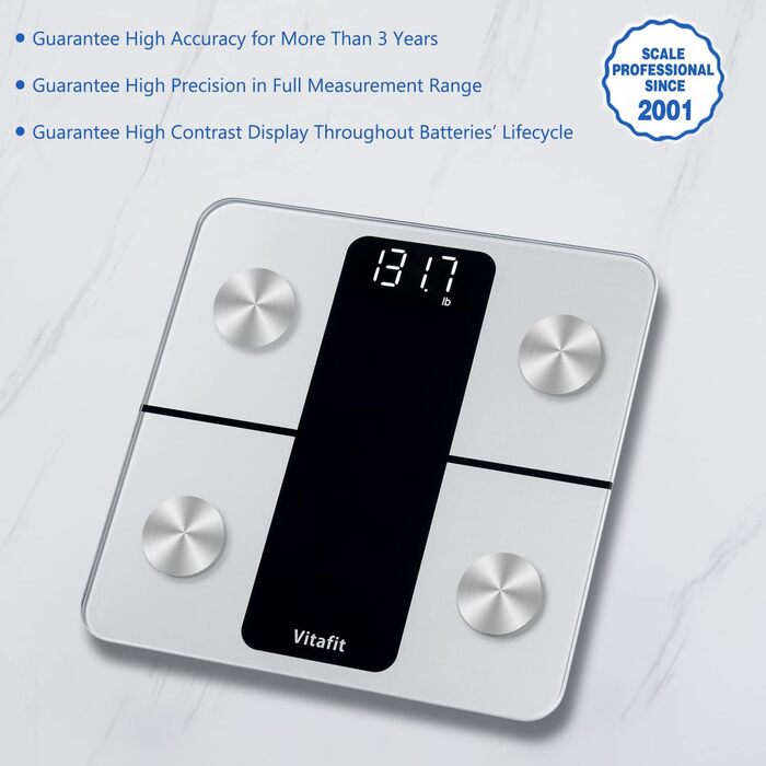 Ваги для вимірювання жиру та м'язової маси Vitafit з Bluetooth, аналіз складу тіла, додатком, індексом маси тіла, білками, BMR, сріблясті