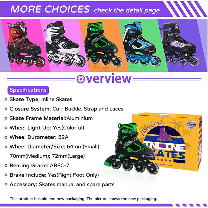 Роликові ковзани Nattork для дітей з підсвічуванням, Outdoor & Indoor, розмір 27-31, зелені