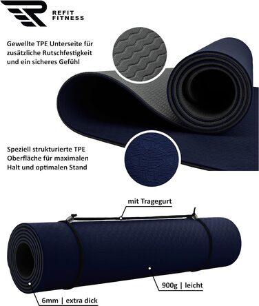 Килимок для йоги REFIT FITNESS Perfect-Fit 190 x 60 x 0,6 см з покриттям GeckoGrip & Sensi-Plus TPE. Нековзкий, без шкідливих речовин, з ремінком для перенесення. Підходить для гімнастики та спорту.