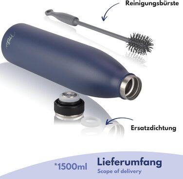 Термофляшка Milu з нержавіючої сталі, 1-1,5 л, подвійні стінки, для газованих напоїв, ізольована, витримує гарячі та холодні напої (Navyblau)