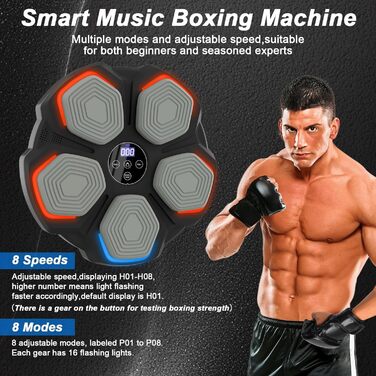 Музична боксерська машина – розумна боксерська машина з LED-підсвіткою, боксерськими рукавичками, 8 режимів швидкості та функцією підрахунку, настінна боксерська машина з музикою для дітей та дорослих (35*35 см)