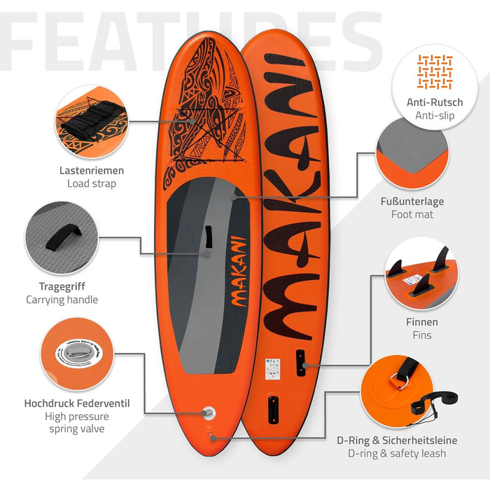 Надувна SUP-дошка ECD Germany Makani 305/308/320/380 см, PVC, до 120/150 кг, товщина 10/15 см, з каяк-сидінням, комплект із сумкою, веслом, для серфінгу та веслування, помаранчева