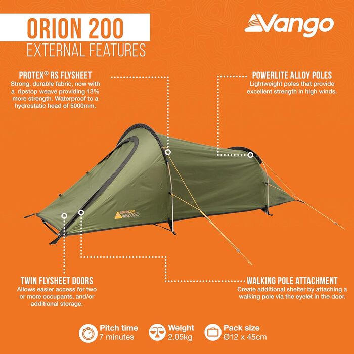 Намет Vango Orion 200 для 2 осіб, водонепроникність 5000 мм, алюмінієві дуги - кемпінг, альпінізм, хайкінг
